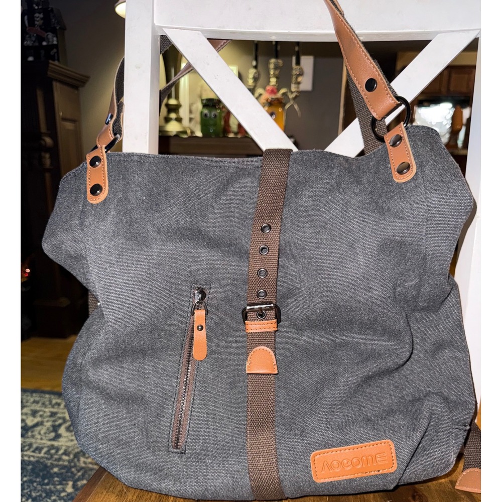 Aocome Gray Canvas Hobo Bag Laptop Shoulder Tote with Brown Faux Leather Trim